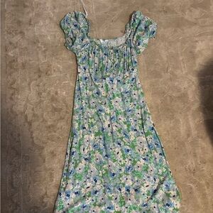 Primark green floral puff sleeve midi dress
